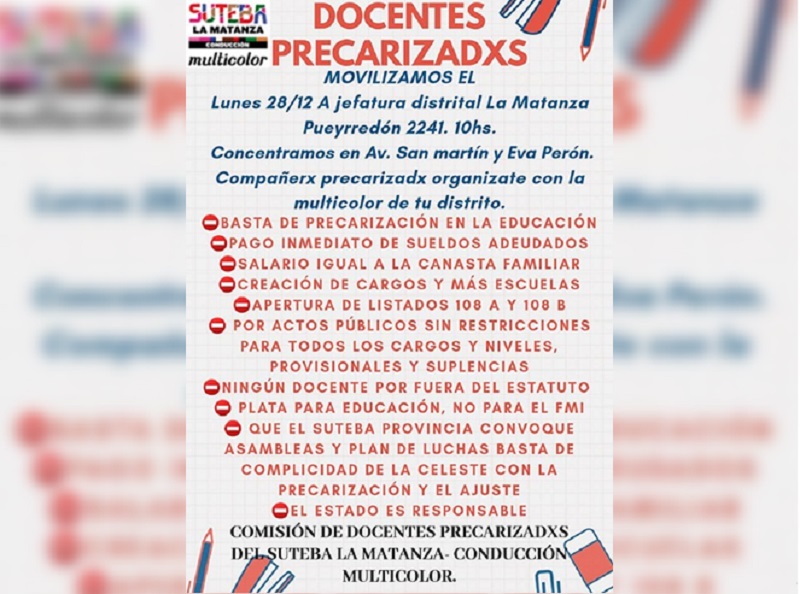 “Basta de precarización en la educación”: docentes movilizan en La Matanza 