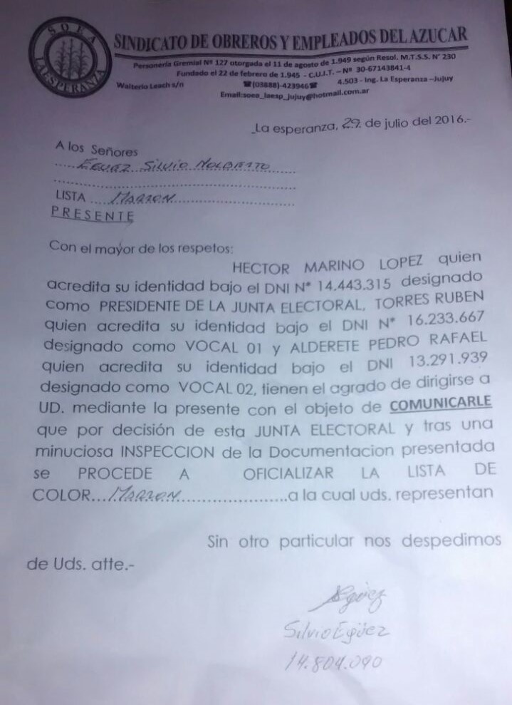 Oficializaron la Lista Marrón en el Ingenio La Esperanza