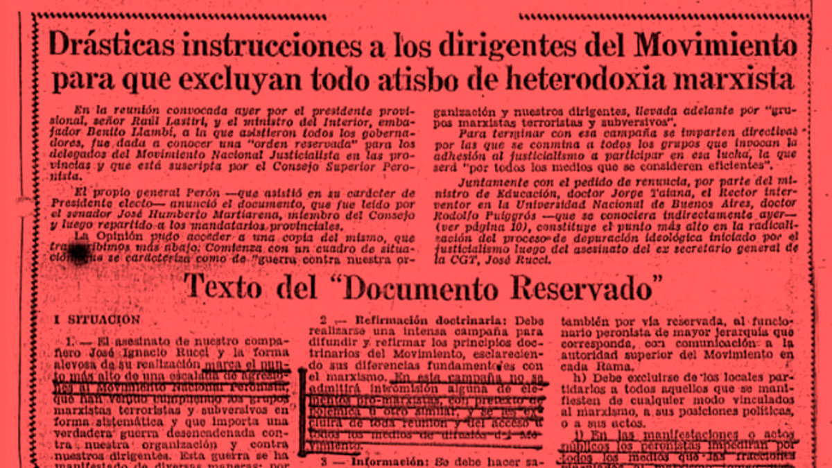 50 años del “Documento reservado” de Perón: Rucci, la Triple A y la “guerra al marxismo”