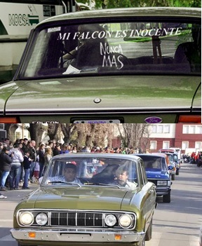 Dos posiciones frente al Ford Falcon: Por un lado, la que propone su “inocencia”; por otro lado, su reivindicación por parte de la derecha (un Falcon verde circulando sin patente en la Ciudad de Junín, durante los festejos del Bicentenario).