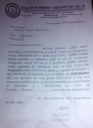 Oficializaron la Lista Marrón en el Ingenio La Esperanza