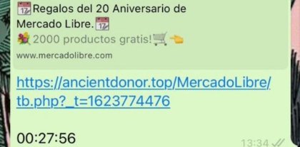 Estafa: un falso mensaje de WhatsApp ofrece regalos de Mercado Libre