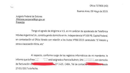 Confirman que un télefono agendado por D'Alessio pertenece a la ministra Bullrich