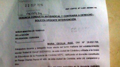 Denuncian ante el Ministerio de Trabajo que UEPC impidió a delegada docente participar de una asamblea