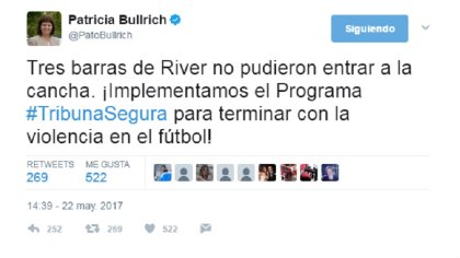 Papelón: Patricia Bullrich se jactó de impedir ingreso de barras de River en partido sin público de ese club