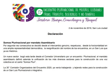 Confirman que el 35° Encuentro de mujeres y disidencias "ya es Plurinacional"