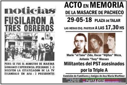 29 de mayo: acto homenaje a 44 años de la Masacre de Pacheco