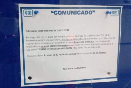 Trabajadores organizan paro en planta General Motors de San Luis