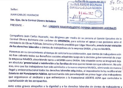 Ex trabajadores de NAABOL solicitan apoyo de la COB 