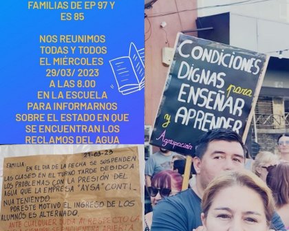 Sin agua: familias y docentes de Villa Celina convocan asamblea en la escuela 97