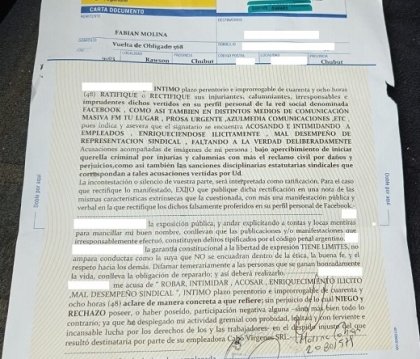 Grave: Secretario del STIA Rawson intima legalmente a trabajadores reincorporados de Cabo Vírgenes