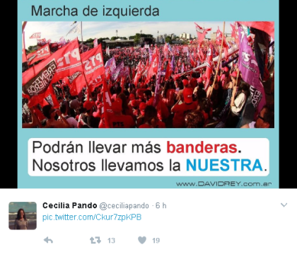 Mensaje de Cecilia Pando a la izquierda: "Podrán llevar más banderas, nosotros llevamos la nuestra"