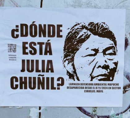 Mujeres representantes de organizaciones campesinas y Mapuche hacen un llamado a la aparición con vida de Julia Chuñil Catricura