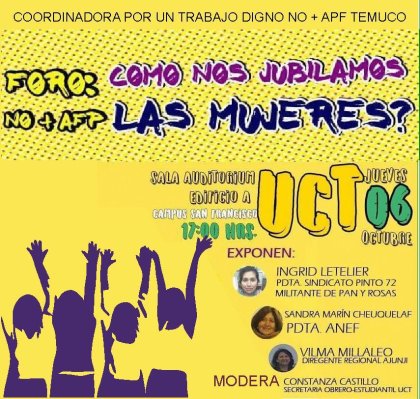 No + AFP Araucanía invita a foro sobre jubilación de mujer trabajadora