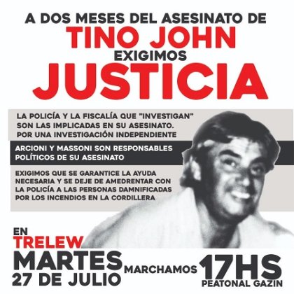 Este Martes habrá movilización en Trelew por Tino John a dos meses de su asesinato