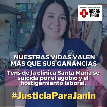 Gran impacto generó suicidio de Janin, TENS de Clinica Santa María: trabajadores/as de salud logran viralizar campaña #JusticiaParaJanin ¿Qué hay detrás de esta tragedia? 