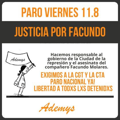 Ademys convoca a paro y movilización docente por justicia para Facundo Molares