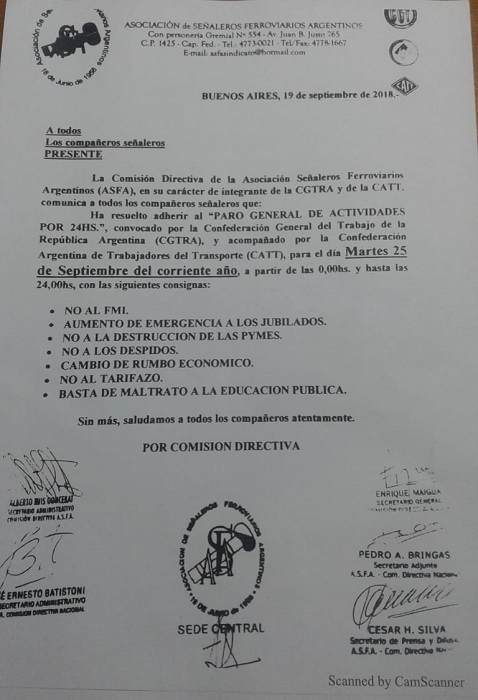 Comunicado de Asfa sobre adhesión al paro del 25 de septiembre convocado por la CGT