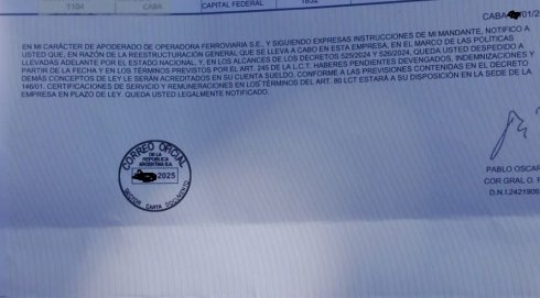 Texto del telegrama recibido por un trabajador recientemente despedido.