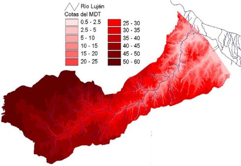 Fig. 2: Alturas del terreno en la Cuenca del Río Luján (2007). Fuente: INA (2007).