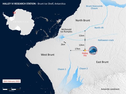 Mapa de la plataforma de hielo de Brunt y la estación de investigación Halley