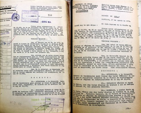 Nombramiento de Médico General (27-08-1974) y Capitán de Justicia (09-12-1974). Fuente: Subsecretaría de Carabineros; ARNAD.