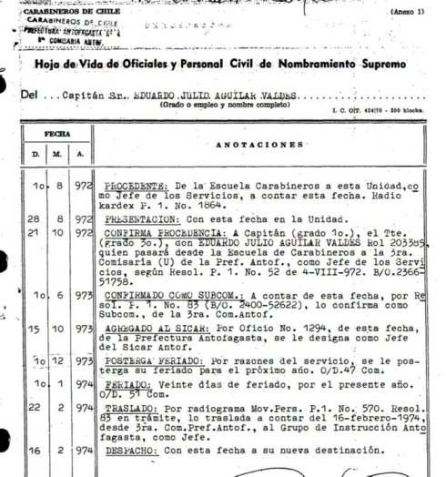 Hoja de vida Eduardo Aguilar Valdés. Jefe del SICAR Antofagasta. Fuente: Expediente Causa 3-2011.