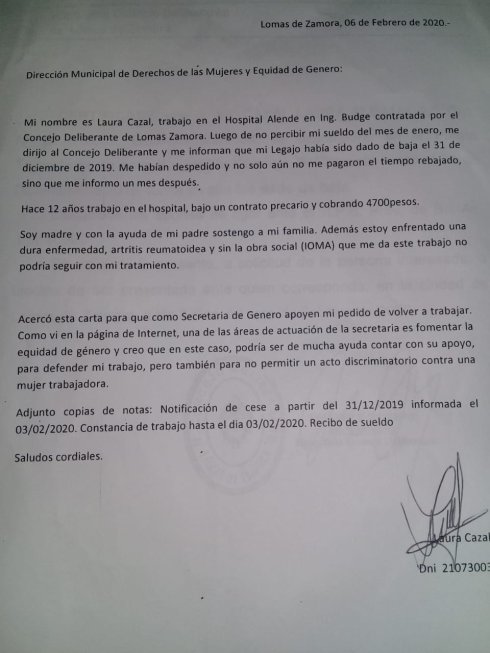 Carta de Laura Cazal a la Dirección Municipal de Derechos de las Mujeres y Equidad de Género