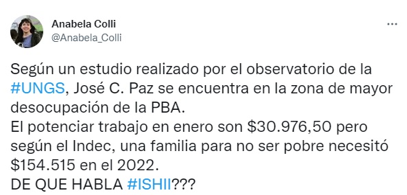 Anabela Colli, concejala del PTS - Frente de Izquierda en José C. Paz, salió al cruce de las declaraciones de Mario Ishii.