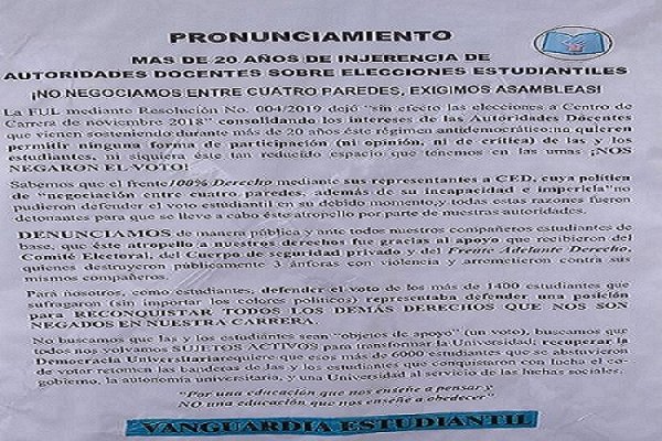 UMSA-Derecho: estudiantes denuncian desconocimiento del voto estudiantil