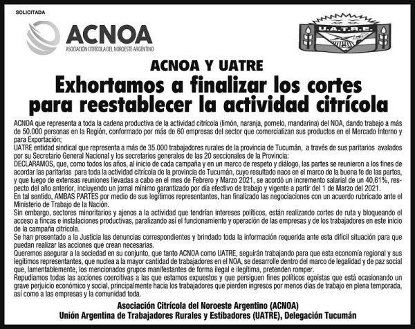 Los empresarios del citrus y la Uatre se unen contra el reclamo de los cosecheros