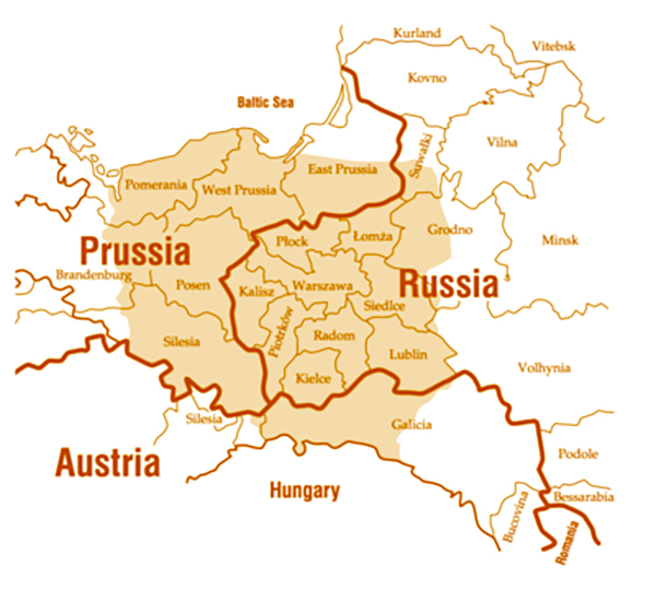 El territorio polaco (sombreado) dividido entre los tres imperios hasta el final de la Primera Guerra Mundial.