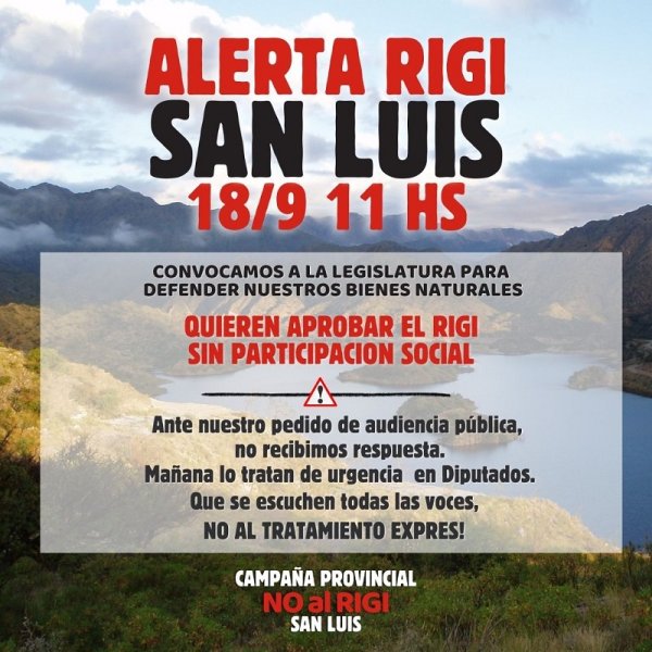 NO AL RIGI: Asambleas ambientales llaman a concentrar frente al tratamiento exprés en Diputados