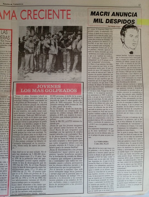 "Macri anuncia mil despidos", artículo del periódico Rebelión de los Trabajadores, del Partido de los Trabajadores Socialistas, N° 63 - 1° de noviembre de 1994