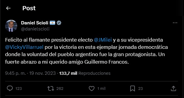 El tuit de Scioli el domingo a la noche