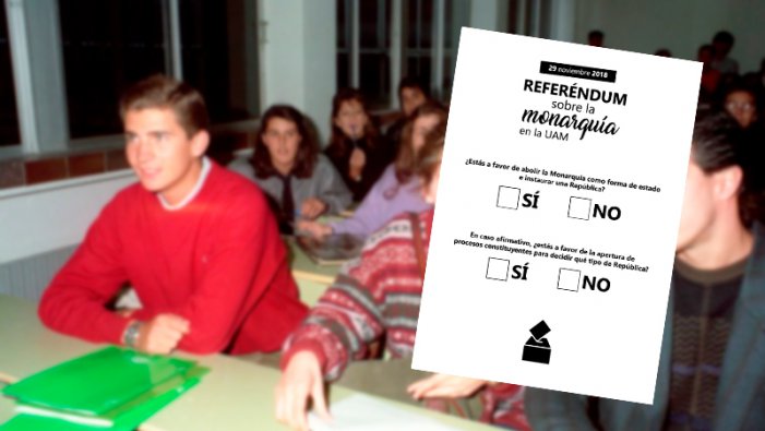 Foto: Felipe de Borbó a la Universitat Autònoma de Madrid on es llicencia en Dret al juny de 1993 (EFE). En el marge esquerre, imatge de la papereta del referèndum que realitzaran els estudiants el 29-N en aquesta universitat.