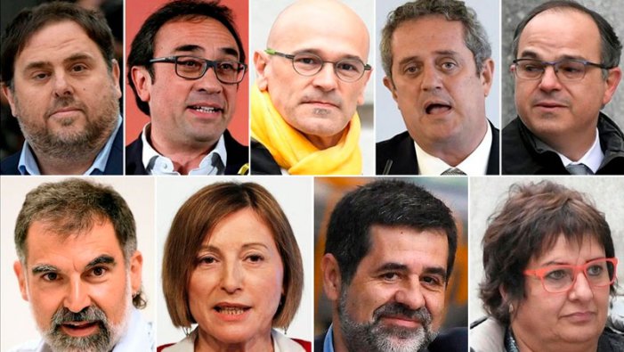 Foto: Los líderes independentistas catalanes encarcelados. Arriba: Junqueras, Rull, Romeva, Forn y Turull. Abajo: Cuixart, Forcadell, Sànchez y Bassa.