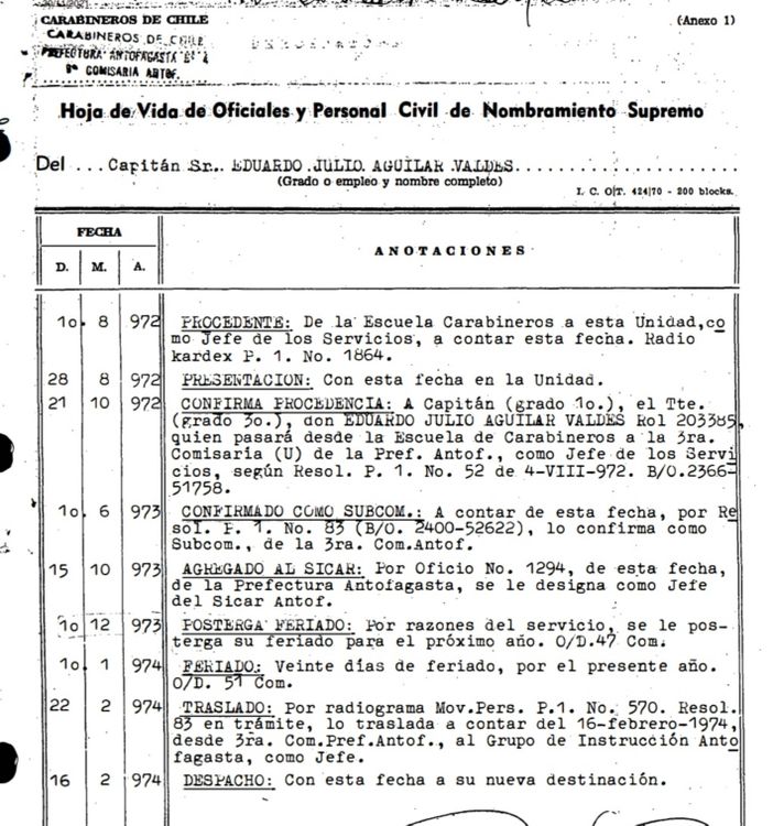 Hoja de vida Eduardo Aguilar Valdés. Jefe del SICAR Antofagasta. Fuente: Expediente Causa 3-2011.