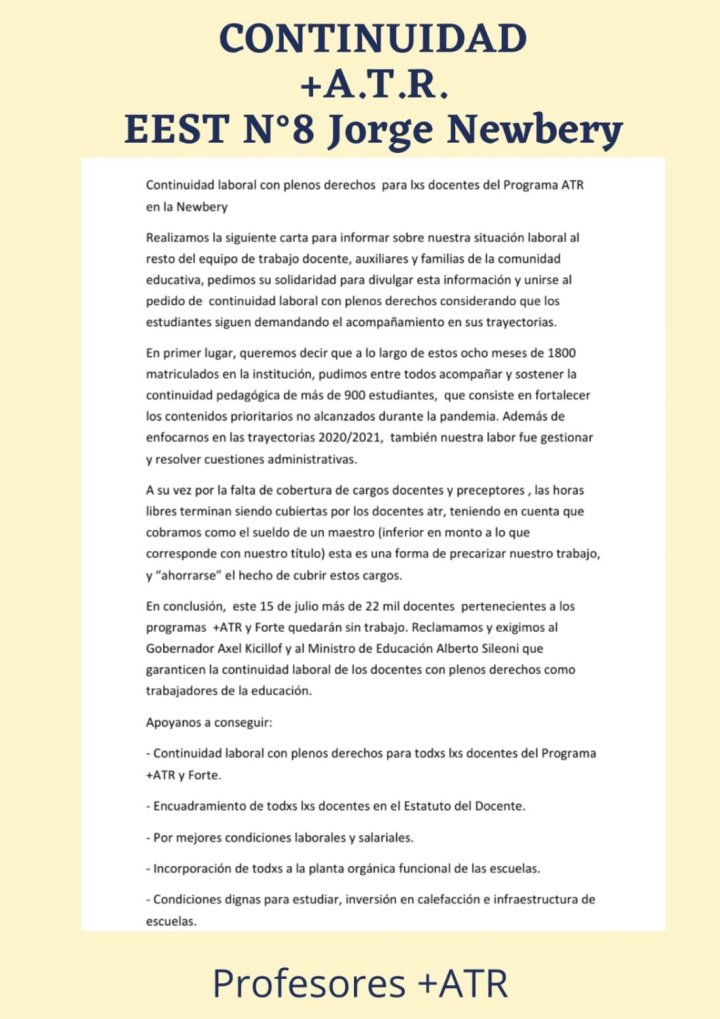 Carta abierta difundida por Las docentes ATR de la Técnica 8 "Jorge Newbery"