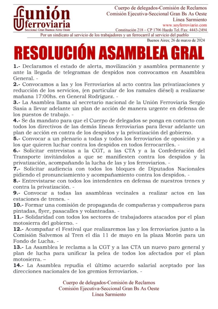 Resoluciones de la asamblea ferroviaria convocada en la seccional Haedo.