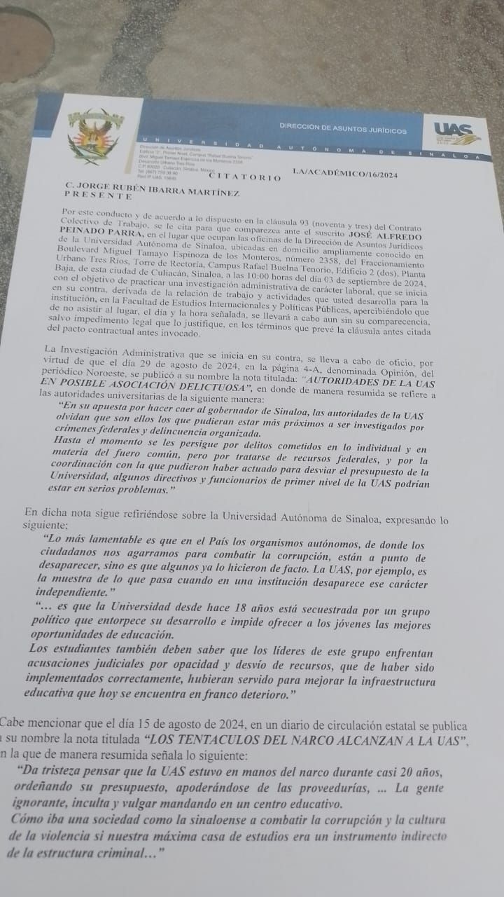 Citatorio que la Dirección de Asuntos Jurídicos UAS hizo llegar al Dr. Jorge Ibarra