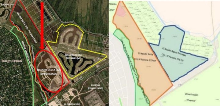 Falsificación del informe de impacto ambiental ante el Organismo Provincial para el Desarrollo Sostenible. En rojo en la imagen la empresa anexó una parcela más a lo anteriormente declarado, en azul (fuente Organización de Ambientalistas Autoconvocados).