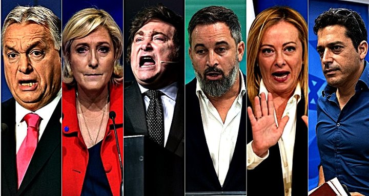 Viktor Orban, Marine Le Pen, Javier Milei, Santiago Abascal, Georgia Meloni y Amichai Chikl