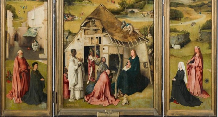 "Adoración de los Magos" o "Tríptico de la Epifanía", de El Bosco (1500). Óleo sobre tabla (138 × 72 cm). Está en el Museo del Prado, Madrid | Télam