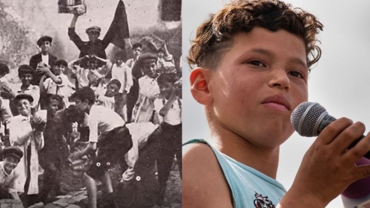 Collage: Niños y niñas en la Huelga de Las Escobas, en La Boca Carlitos, en Guernica (Fotografía: Enfoque Rojo)