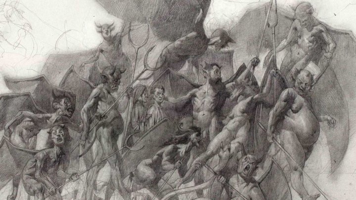 La escolta de los diablos (detalle), Julián de la Mota. Portada para el Infierno de Dante.