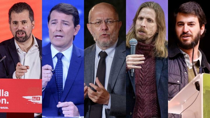 Los principales candidatos en las elecciones del 13F en Castilla y León: Luis Tudanca (PSOE), Alfonso Fernández Mañueco (PP), Francisco Igea (Cs), Pablo Fernández (UP) y Juan García-Gallardo.