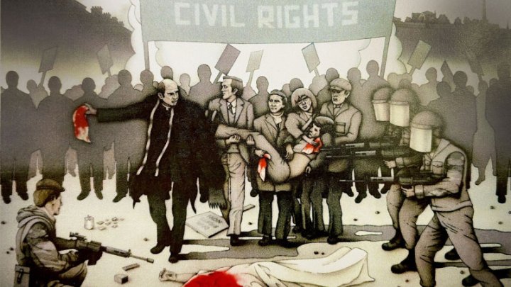 Imagen: Robert Ballagh. El 30 de enero de 1972, una manifestación pacífica de integrantes del movimiento de derechos civiles en Irlanda del Norte, en la ciudad de Derry, fue reprimida por paracaidistas británicos, resultando en la muerte inmediata de 13 personas, más de 15 heridos de bala y la muerte subsecuente de otra persona cuatro meses más tarde por sus heridas recibidas ese día.