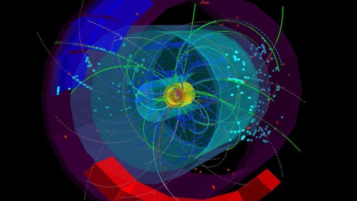 Representación de la colisión de partículas en el interior del LHC