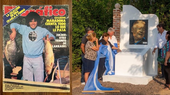 Edición de la revista El Gráfico de 1982 con Diego en tapa y una de sus pasiones, la pesca. Al lado, homenaje de las hermanas y sobrinas de "D10s" a Don Diego Chitoro Maradona, papá de la familia, en el pueblo de Esquina donde creció (Foto de diario El Libertador).